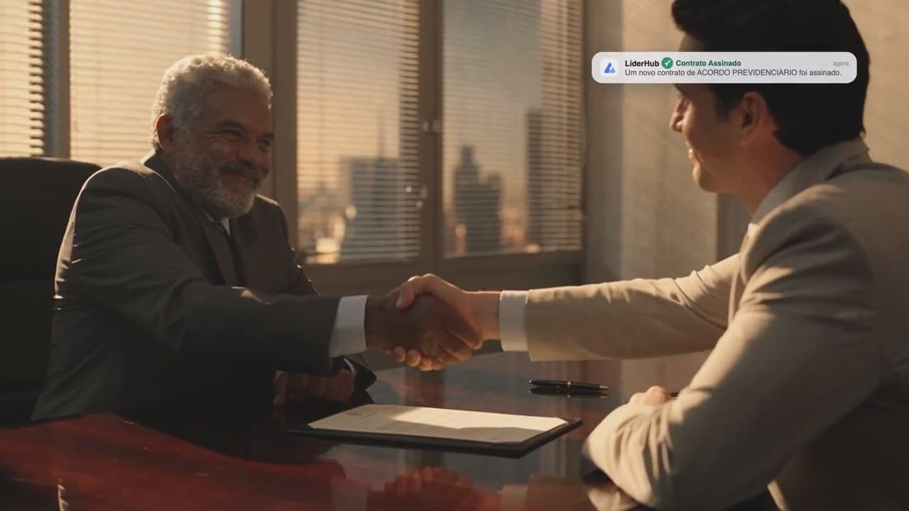 Advogado e cliente apertando as mãos depois da assinatura do contrato